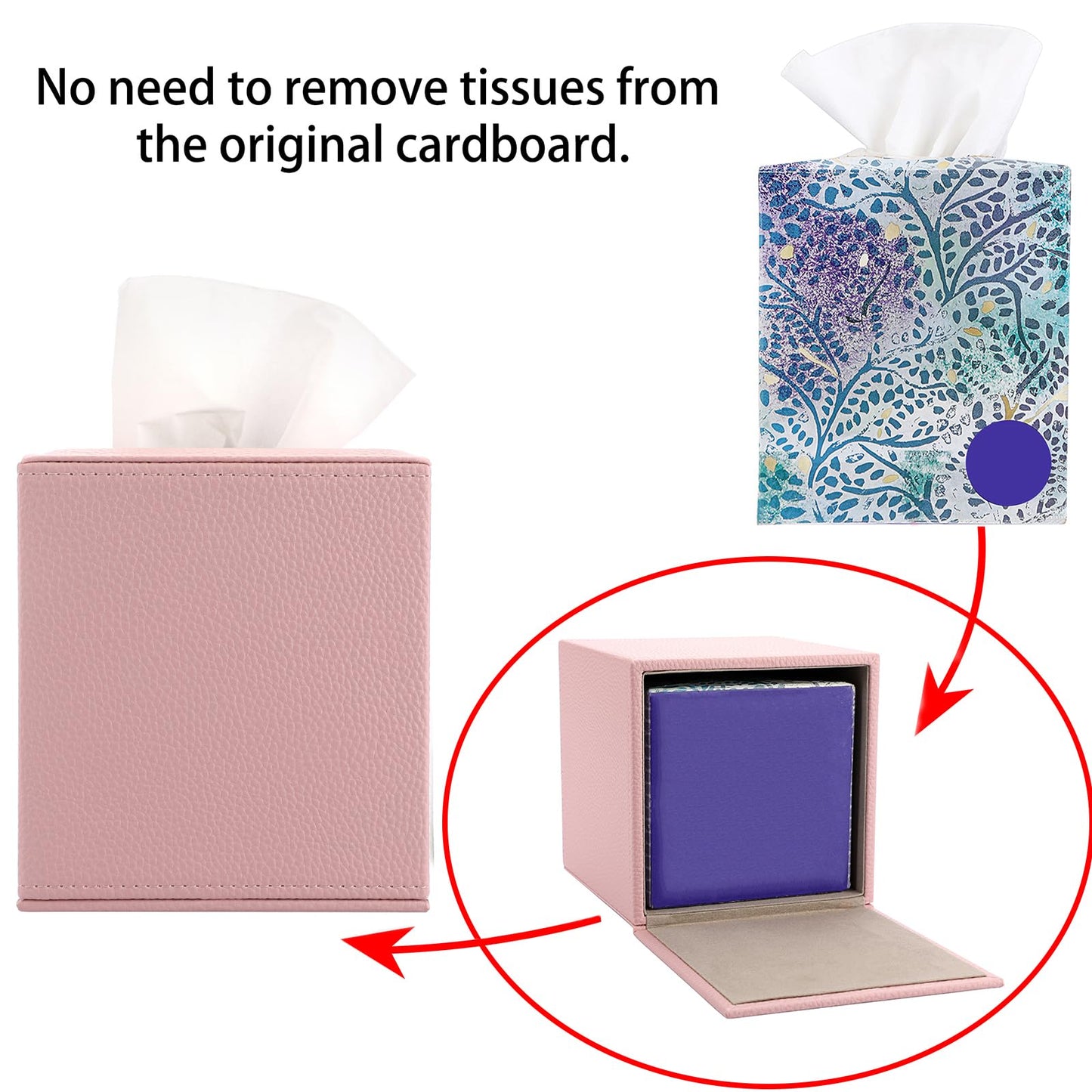 Sumnacon Tissue Box Cover Square Tissue Box Stylish PU Tissue Box Holder with Magnetic Bottom, Cube Leather Tissue Cover for Living Room Bathroom Table Desk Home Office Car, Pink