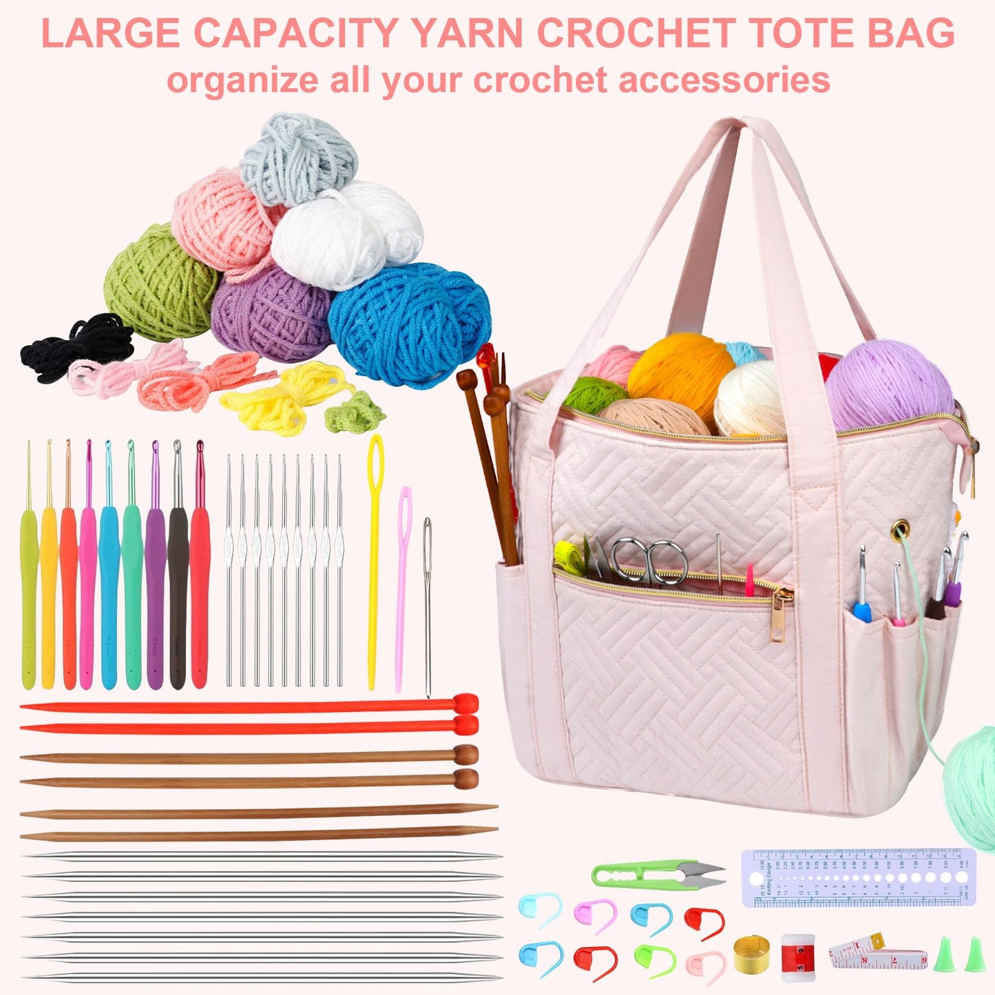 Veirdro Crochet Bag Organizer for Yarn Storage, Velvet Knitting Tote Bag with Double Handle for Crochet Accessories, Portable Travel Case for Yarn Balls, Crochet Hooks& Knitting Needles Holder (Pink)