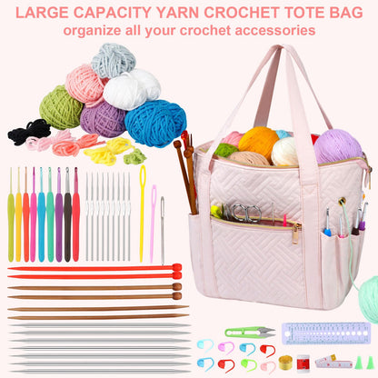 Veirdro Crochet Bag Organizer for Yarn Storage, Velvet Knitting Tote Bag with Double Handle for Crochet Accessories, Portable Travel Case for Yarn Balls, Crochet Hooks& Knitting Needles Holder (Pink)