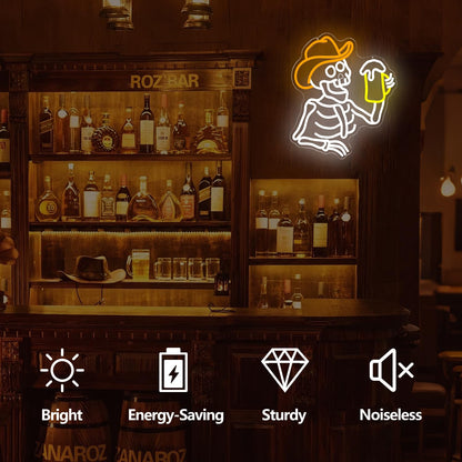 hhuohuona Cowboy Skeleton Beer Neon Sign Dimmable Western Bar Led Signs for Wall Skull Neon Sign Western Bedroom Decor Neon Lights for Man Cave Cowboy Gifts for Men