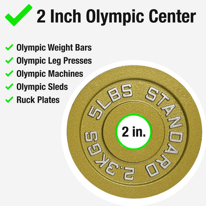 Gold Finish Olympic Steel Plates - Pairs and Sets 2 Inch Barbell Standard in Premium Gold for Weight Lifting (335lb Set)