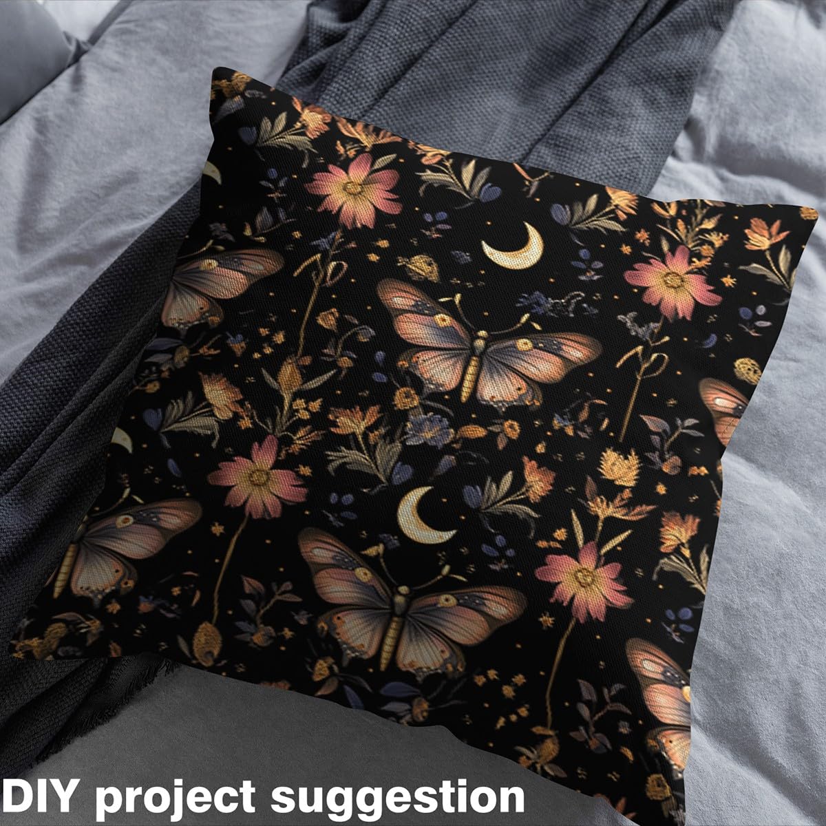 Boho Moon Moth Fabric by The Yard Butterfly Starry No Stretch Sewing Fabric Flower Weed Botanical DIY Soft Flannel Polyester Fabrics for and Home Accents Crafting Supplies Fabrics 2 Yard Bolt 72"x59"