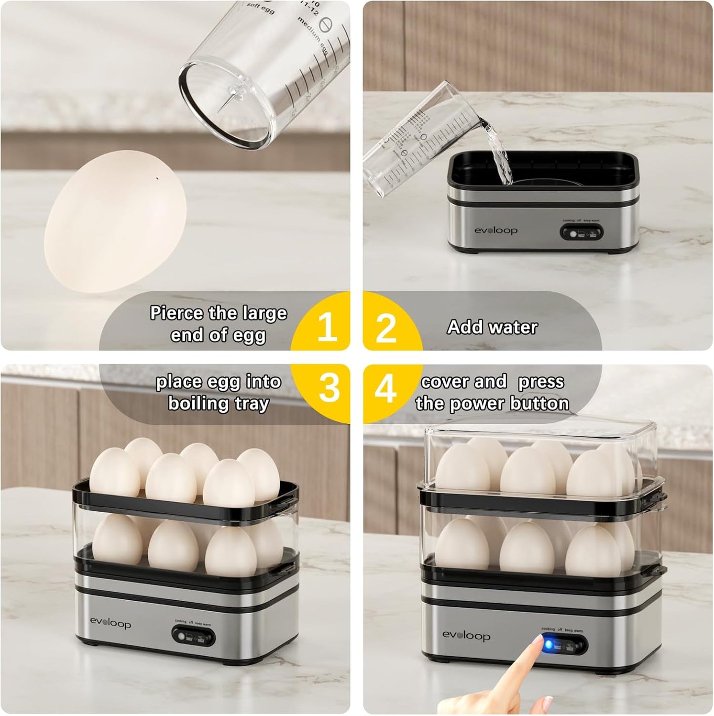 12 Evoloop Rapid Egg Cooker Electric Eggs Capacity, Soft, Medium, Hard Boiled, Poached, Omelet Maker Egg Poacher