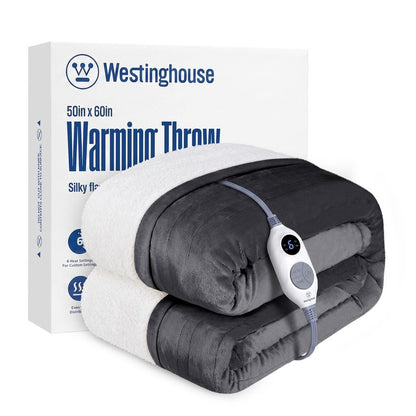 Westinghouse Heated Throw Blanket, Electric Blanket Throw with 6 Heating Levels and 2-10 Hours Time Settings, Flannel to Sherpa Super Cozy Heated Blanket Machine Washable, 50x60 inch, Charcoal