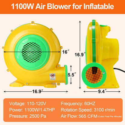 Bounce House Blower, 1100W/1.47HP Commercial Air Blower with Double-Sided Fan Blade Design, Strong Wind and Great Heat Dissipation Properties for Bouncy Castle, Jump Slides, Arch, Inflatables