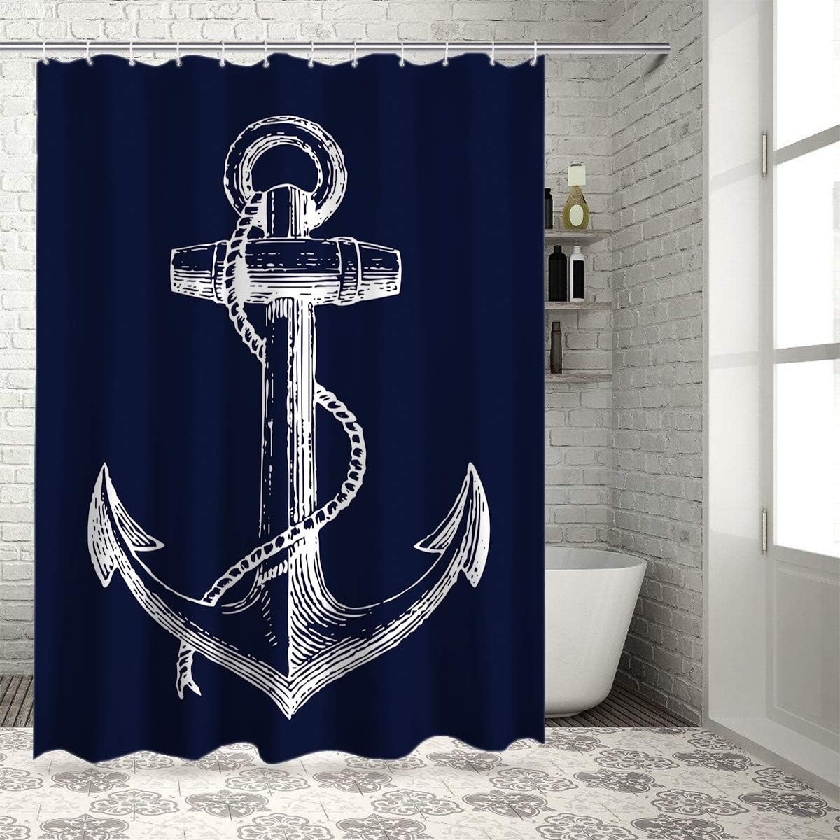 Custom Nautical Navy Blue Anchor Shower Curtain, 70x72 Inch