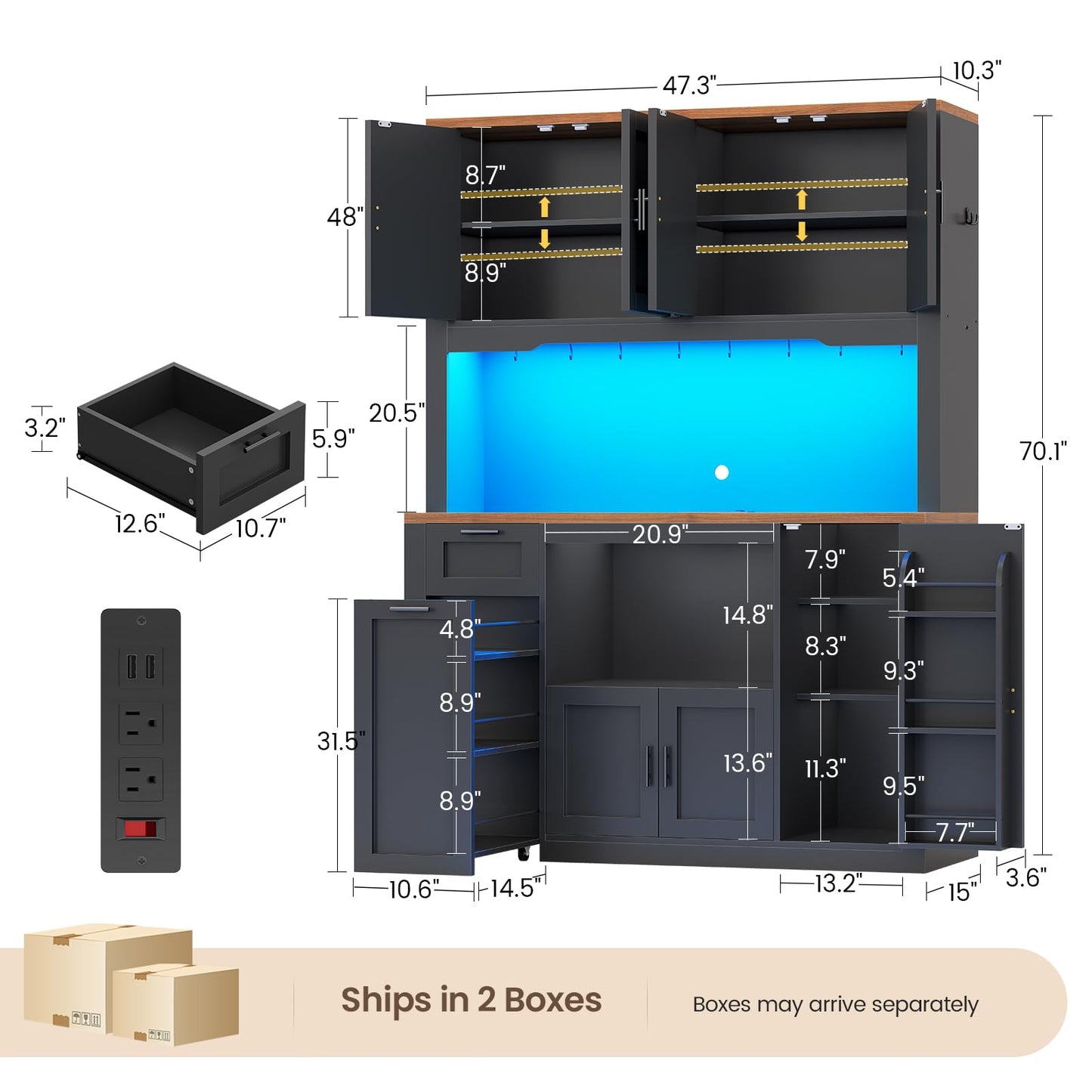Itaar 71" Pantry Cabinet with Charging Station and LED Light, Kitchen Pantry Cabinet with Microwave Stand, 47.2" Wide Kitchen Storage Cabinets with Storage Cart 3 Tier for Dining Room, Black