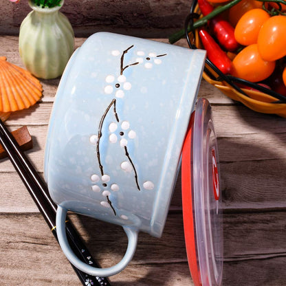 Whitenesser Asian Porcelain Noodle Bowls with Lid Japanese Style Microwavable Ceramic Ramen Bowl with Lid (Blue)