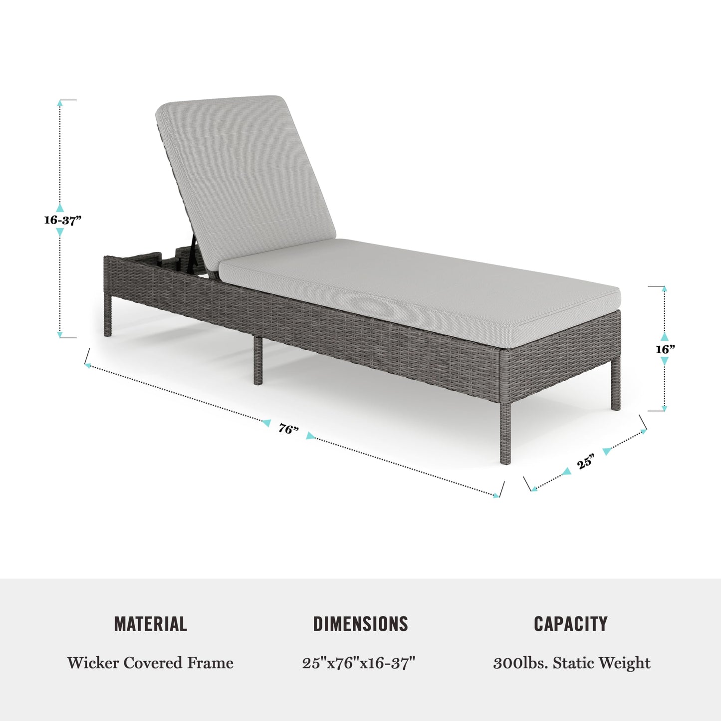 Martha Stewart Bedford Indoor-Outdoor Patio Chaise Lounge Chair with Adjustable Back and Rattan Wicker Finish in Gray with Gray All-Weather Cushions