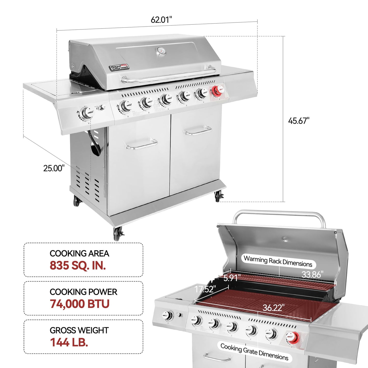 Royal Gourmet GA6402S 6-Burner Propane Gas Grill with Side Burner and Warming Rack, 74,000 BTUs, Cabinet Style Outdoor BBQ Grill for Barbecue Grilling & Backyard Cooking, Silver
