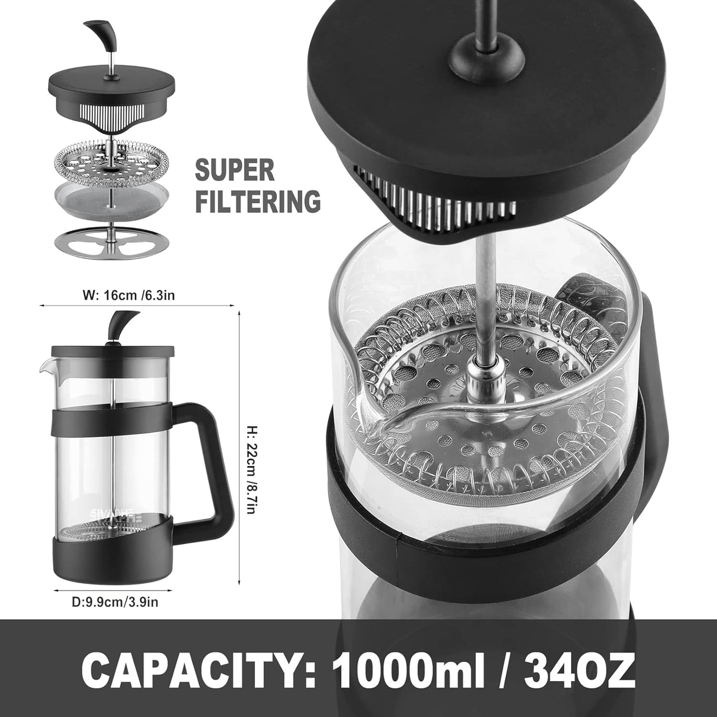 Sivaphe French Press 34oz, Lightweight Durable High Borosilicate Carafe Maker, 8 Cup Plastic Coffee Press