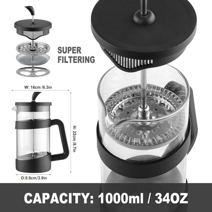 Sivaphe French Press 34oz, Lightweight Durable High Borosilicate Carafe Maker, 8 Cup Plastic Coffee Press