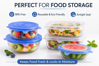 IZEM Premium Reusable Silicone Stretch Lids Set – 12 Pack (6 Round Blue + 6 Rectangle White) BPA-Free, Airtight & Leakproof Bowl Covers + 500ml Silicone Bag, Funnel & Brush