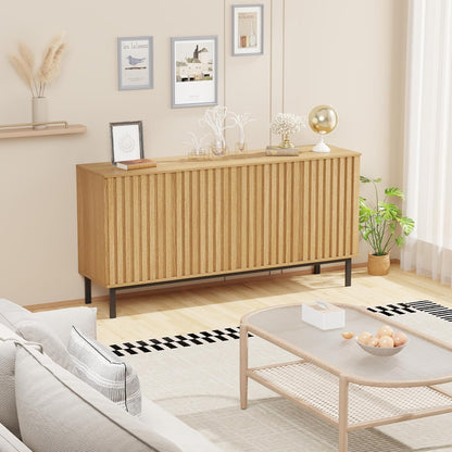 Garvee 60 Inch Sideboard Buffet Cabinet with Fluted Doors, Modern Wood Storage Cabinet with Adjustable Shelf, Freestanding Coffee Bar for Dining Room Living Room