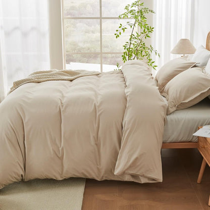 OAITE 100% Washed Cotton Duvet Cover Queen Size Soft Breathable Durable Bedding with Zipper Closure & 8 Corner Ties- 3 Pieces Plain Simple Duvet Cover Set,2 Pillow Shams,1 Duvet Cover(90"x90")