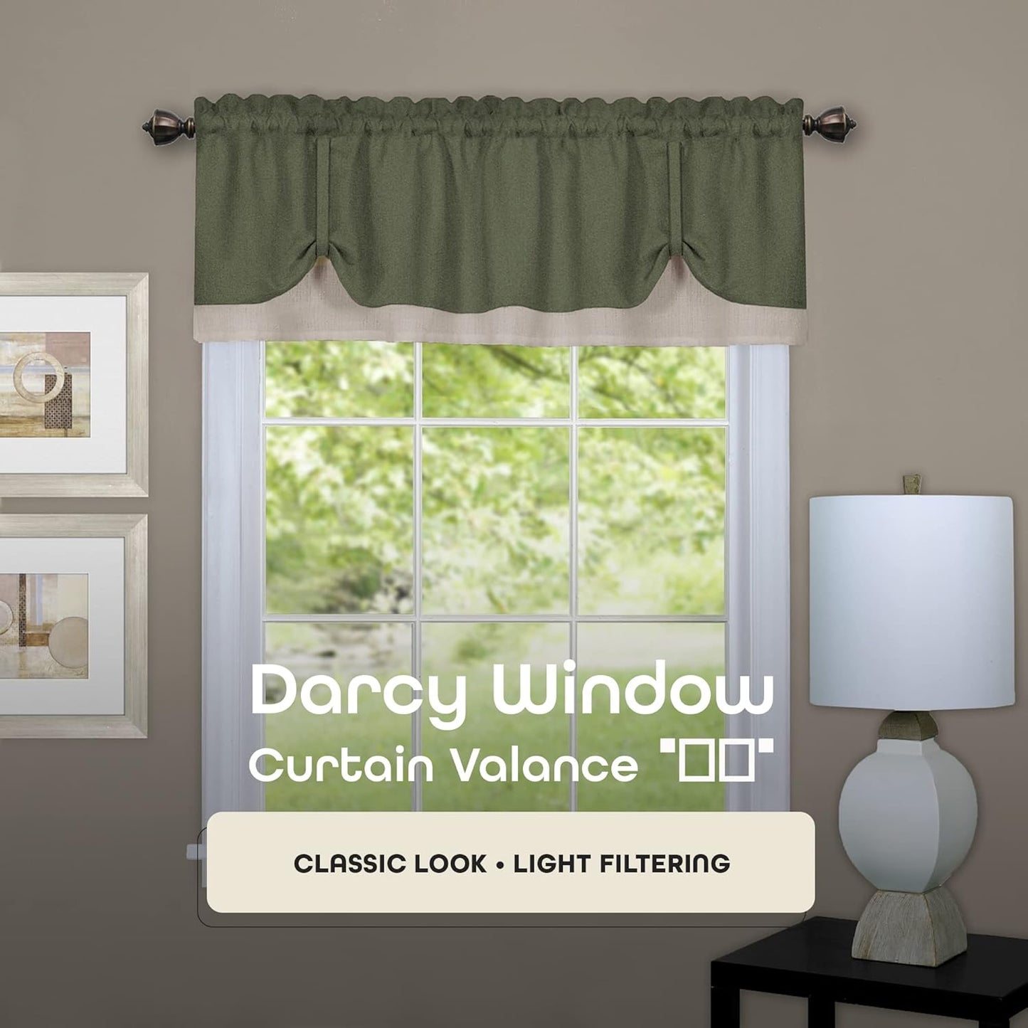 Soft Window Darcy Curtain Valance, Green & Camel, 58 Inch Width, 14 Inch Length, Light Filtering for Kitchen