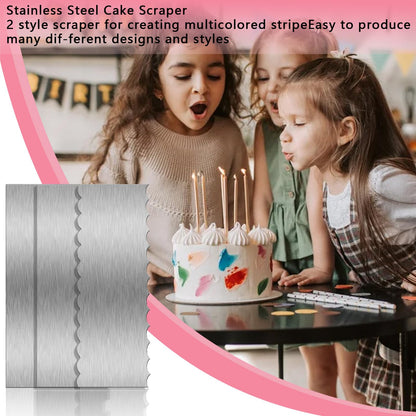 3 Piece 9 Inch Stainless Steel Cake Scraper, Cream Cake Scraper Sided Patterned Edge Stripe Edge Smoother Scraper Cake Smoother Frosting Scraper Cake Decorating Comb for Mousse Butter Cream