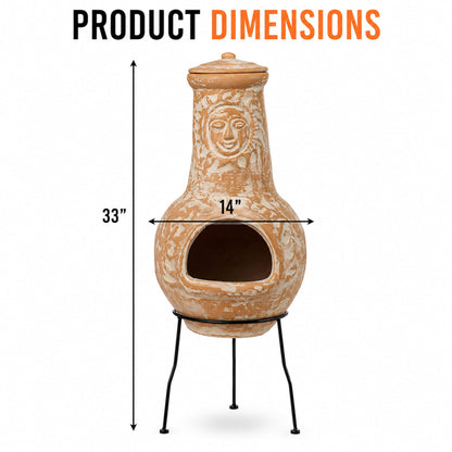 Outdoor Clay Chiminea Fireplace Sun Design Wood Burning Fire Pit with Sturdy Metal Stand, Barbecue, Cocktail Party, Cozy Nights Fire Pit (Beige)