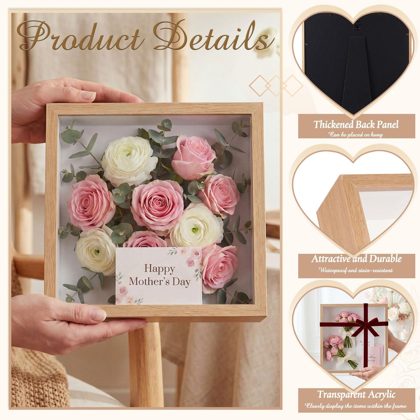 BrightRow 12"x12" Wedding Shadow Box Frame Flower Display Case Kit, DIY Wood Color Picture Gift Box with Lid Deep Glass Case Red Velvet Ribbon for Gift Wrapping Craft Bouquet Flower Keepsake Memory