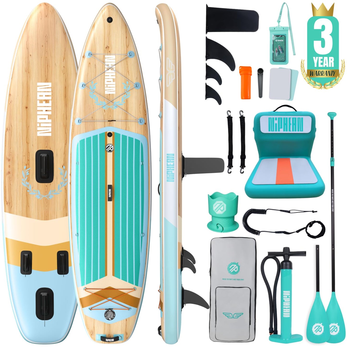Niphean (Extra Large) Inflatable Paddle Board, SUP for 2+1 People/Family 500lbs Capacity Stand Up Paddle Board with SUP Accessories, StabilTrac Fin Non-Slip Paddleboard for Adults-Classic Wood