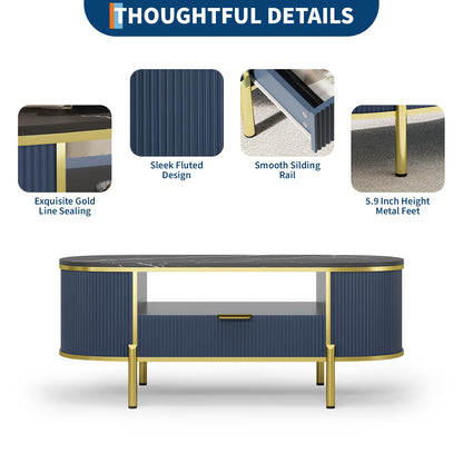 Takywep 48 inch Oval Coffee Table with Drawer, Fluted Modern Faux Marble Top Coffee Table for Living Room, Gold Metal Legs, Center Table for Lounge, Navy Blue