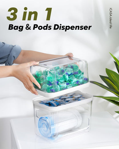 iCASA Trash Bag Dispenser Dishwasher Pod Organizer, 3 in 1 Grocery Garbage Bags Holder Storage Box Clear Laundry Room Pods Dishwasher Tab Cleaner Tablets Container Pantry Kitchen Under Sink Organizers