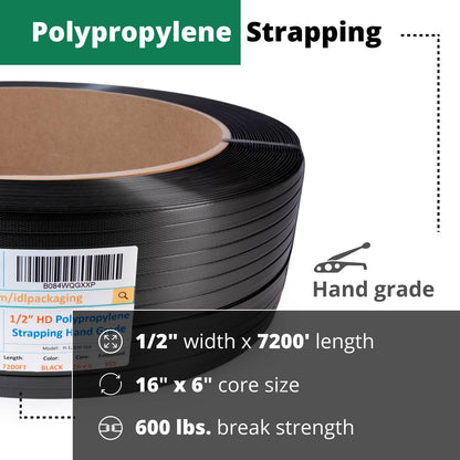 IDL Packaging 1/2" x 7200' Hand Grade Polypropylene (PP) Strapping Roll of 16" x 6" Core Size, 600 lbs Break Strength - Lightweight and Affordable Poly Banding - Flexible Packing Straps