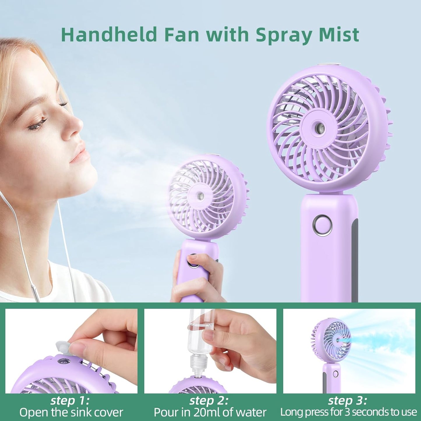 CIVPOWER Portable Misting Fan, Hand Held, 90° Adjustable, 4000mAh USB Rechargeable, 3 Speeds, Purple