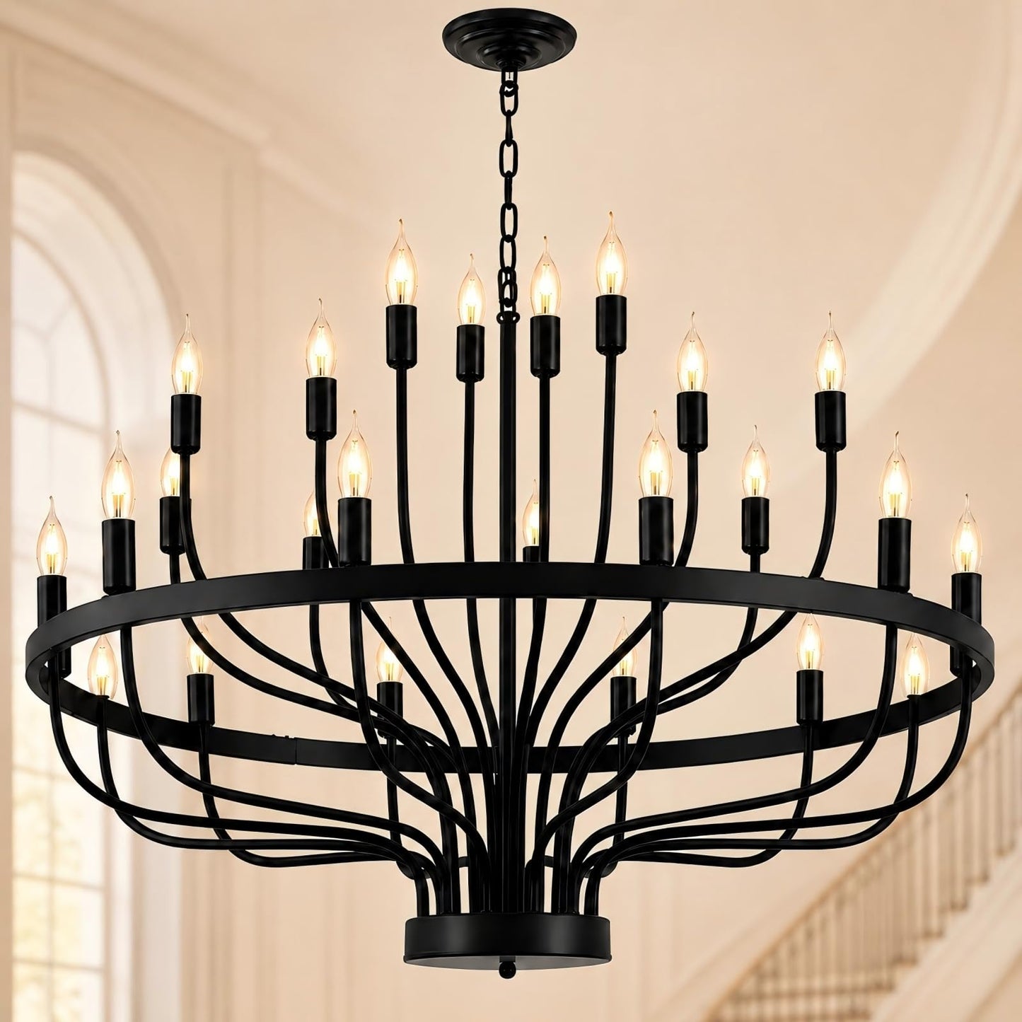 Shandaglo Large Black Chandelier 24-Light, Round 3-Tier Wagon Wheel Fixture, 39 in Farmhouse Candle Pendant with E12 Base for Dining Room, Foyer, Living Room, Hallway, High Ceiling