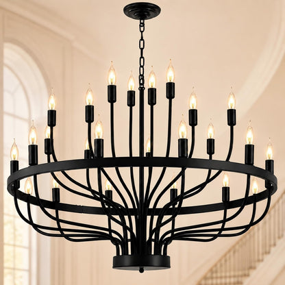 Shandaglo Large Black Chandelier 24-Light, Round 3-Tier Wagon Wheel Fixture, 39 in Farmhouse Candle Pendant with E12 Base for Dining Room, Foyer, Living Room, Hallway, High Ceiling