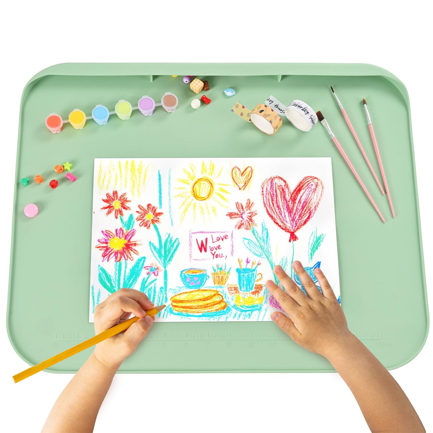 Silicone Art Mat for Crafts, 19.7" x 15.7" Painting Mat for Kids with Raised Sides, Non-Slip Surface for Resin, Clay, Play Doh, Jewelry Making DIY Arts & Crafts Creation (Green)