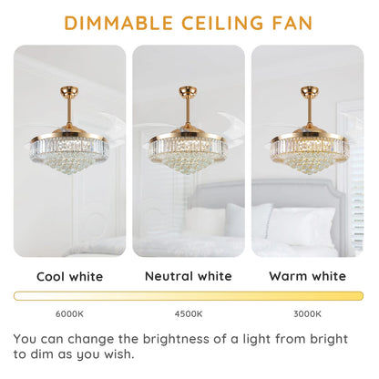 MOOONICHE 52 Inch Crystal Ceiling Fan with Light and Remote Modern Dimmable Fandelier Invisible Retractable Chandelier Fan Gold for Bedroom Living Room
