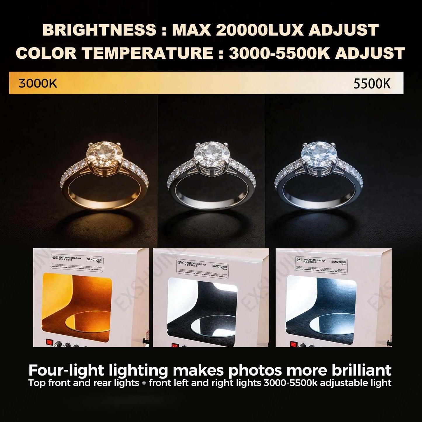 EXSHUING Jewelry Hanging Photography Kit, Product Photography Box – 360° Rotating & Hanging Support, 4 Led Fill Lights, Dimmable Brightness, 3000-5500k, 1kg/2.2lbs Turntable, Rings, Necklaces(TB30)