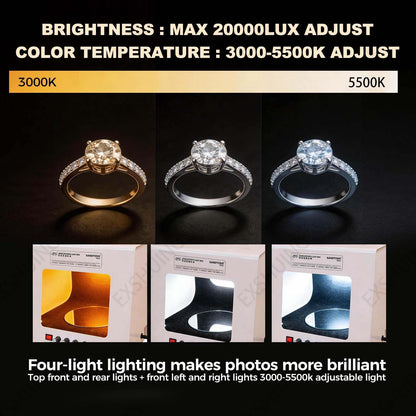EXSHUING Jewelry Photography Light Box with Turntable, Dimmable Led Photo Tent – 360° Auto-Rotation, 1kg/2.2lbs Load, Hanging Bracket Included, 3000-5500k, CRI>92%, for Stunning Gemstone & Gold(TB30)