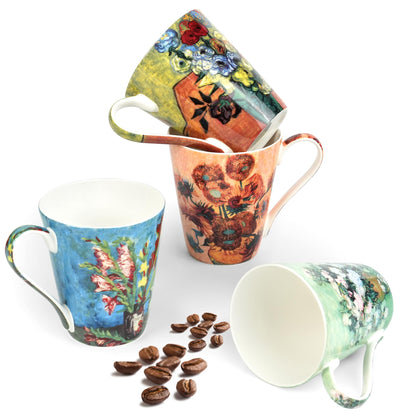 AOTELIDA Coffee Mug Sets of 4, 12oz Bone China Porcelain Cups with Art Print Large Handle Dishwasher Microwave safe for Tea Cocoa or Hot Chocolate