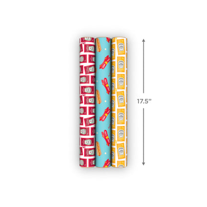 Hallmark Heinz Wrapping Paper Mini Rolls, 3-Pack (Ketchup, Mustard, Hotdogs, Wienermobile) for Birthdays, Graduations, Father's Day, Celebrations, Any Occasion - 45 Sq. Ft. Total