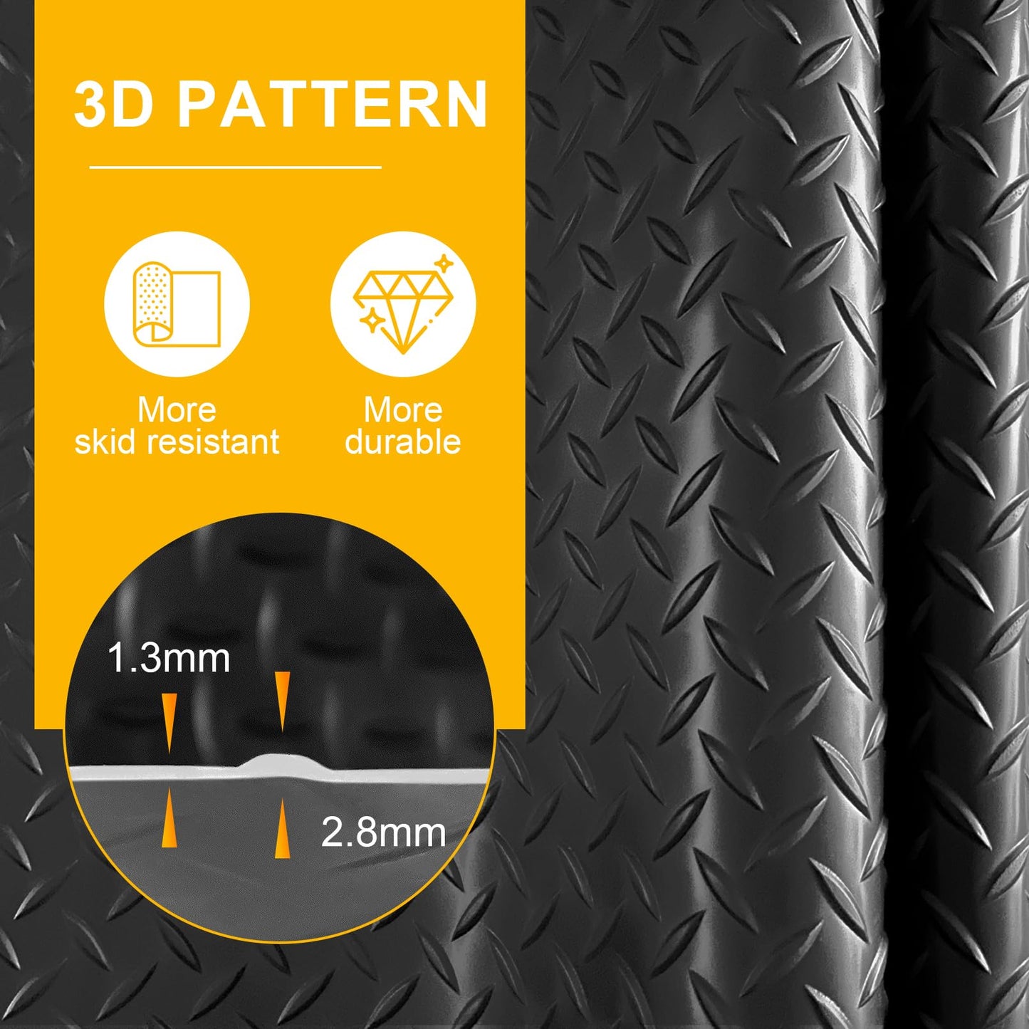 Grandroad auto 10x20 FT Garage Floor Mat, 2.8mm Thickened Flooring Roll for Under Car Diamond Plate PVC Rubber Mat with 20 Pcs Tapes, Non-Slip Floor Mat for Garage, Warehouse, Gyms, Trailer, Black