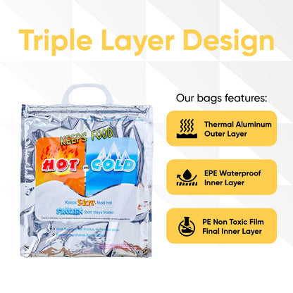 Superio Hot and Cold Insulated Bags for Food Delivery, Grocery Shopping Bags, Food Storage for Hot and Frozen Food for Travel, Disposable Cooler Bag, Reinforced Thermal Lunch Bag (3, 15.5"x13")