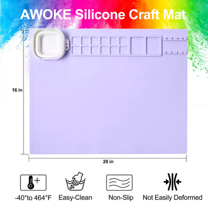 AWOKE Silicone Painting Mat - 20"X16" Silicone Art Mat with 1 Water Cup for Kids - Craft Mat has12 Color Dividers - 2 Paint Dividers (Purple)