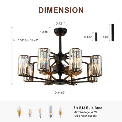 MOOONICHE Crystal Chandelier Ceiling Fan Vintage Fandelier Luxury Caged Ceiling Fan with Light and Remote for Dining Room Living Room Bedroom Kitchen Farmhouse Entry, Black, Dia 34 inch, 8 Lights