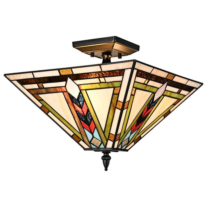 DANSEER Stained Glass Ceiling Light 3-Light Tiffany Style Semi Flush Mount Light Vintage Ceiling Light Fixture with Glass Copper Shade for Hallway Bedroom Living Room Entryway