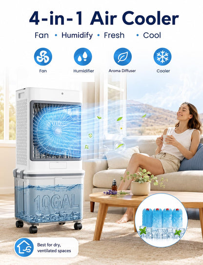 Swamp Cooler, Portable Air Conditioners Evaporative Air Cooler with 10GAL Detachable Tank, Windowless AC Unit Cooling Fan That Blow Cold Air with 120° Swing, 3 Speeds, Timer for Garage Patio Workshop