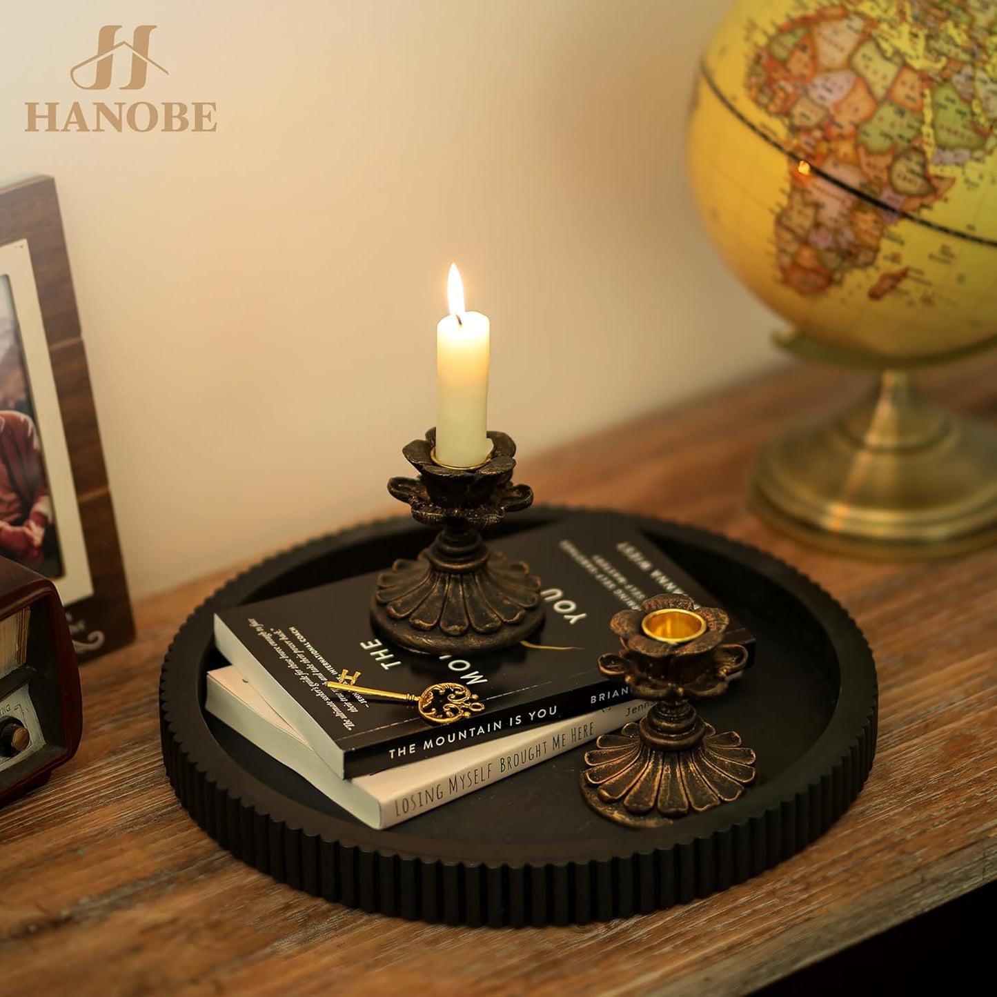 12" Hanobe Decorative Tray for Coffee Table: Black Round Centerpiece Tray for Home Decor - Wood Modern Farmhouse Decor