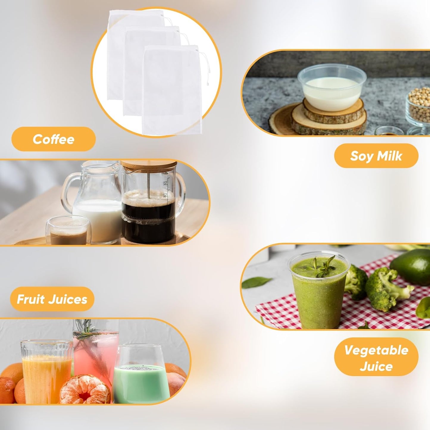 Yolev 6 Pack 128 Nut Milk Bag Reusable Nylon Cheese Cloth Bag for Straining Washable Nut Bag Strainer In Fine Mesh Bag