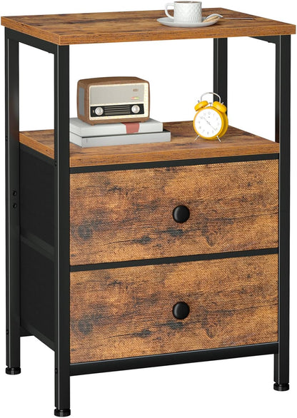 2 HETS002BR-1 LOAKEKEL Night Stand, Nightstand with Fabric Drawers for Bedroom, Small End Table with Open Storage