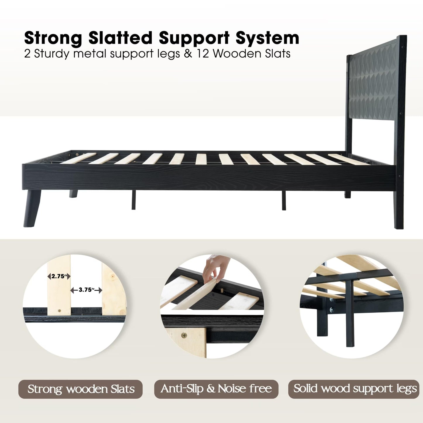 Queen Size Platform Bed Frame with Headboard & Footboard, Center Metal Legs, 12 Solid Wood Slatted Base, Easy Assembly, No Box Spring Needed, Noise-Free & Anti-Slip, Ebony Oak Finish UPQ-35