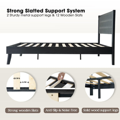 Queen Size Platform Bed Frame with Headboard & Footboard, Center Metal Legs, 12 Solid Wood Slatted Base, Easy Assembly, No Box Spring Needed, Noise-Free & Anti-Slip, Ebony Oak Finish UPQ-35