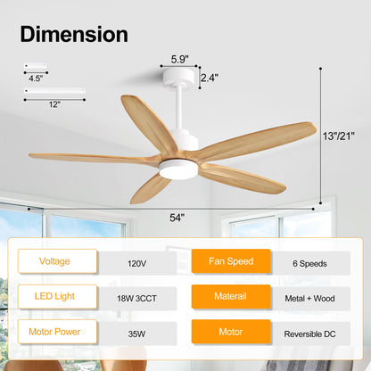 WINGBO 54" Ceiling Fan with Light - 5 Carved Solid Wood Blades, 6-Speed Reversible DC Motor, Dimmable, 3CCT, Noiseless Remote Control Ceiling Fans with Lights for Bedroom Living Room, White and Oak