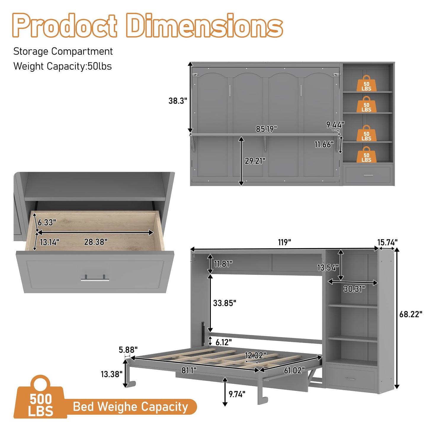 GDFStudio Queen Size Murphy Bed with Storage Compartments and Shelf, Wall Bed Frame with Adjustable Shelves and Drawer, Foldable Platform Bed for Guest Room Bedroom, Gray