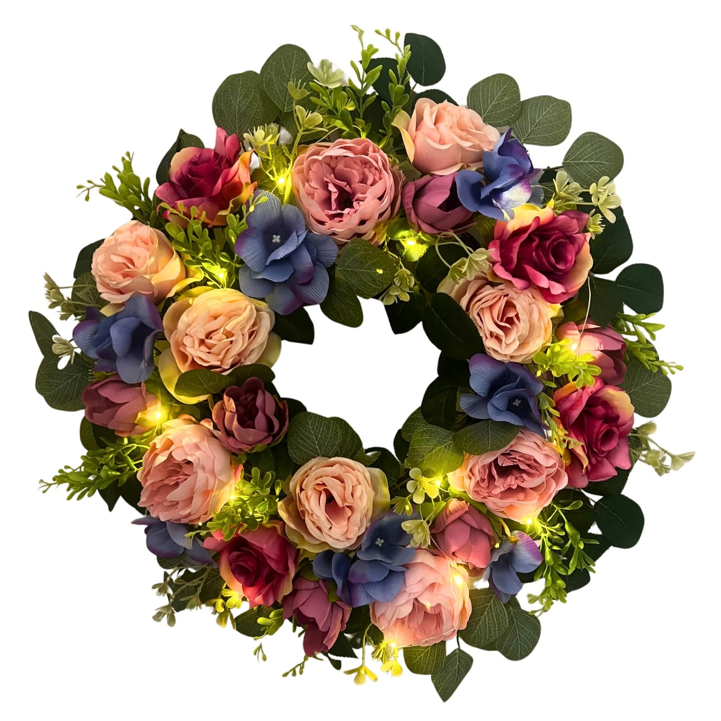 Svndlyn 22 Inch Lighted Floral Wreath with Timer for Front Door Decor